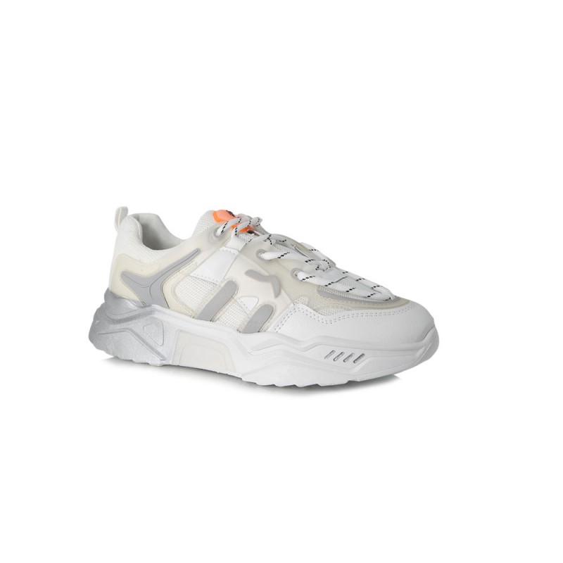 Γυναικείο Sneakers Δετό με Συνδυασμό Υλικών  White  NEW IN